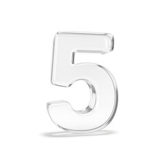 Fototapeta premium Luxury 3D glass number five, transparent crystal numeric character with glossy reflection on white background, modern elegant font for anniversary or premium design