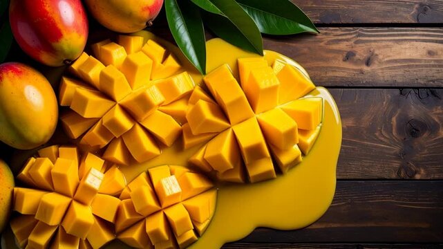 Freshly Cut Ripe Mangoes on a Dark Wooden Surface with Green Leaves