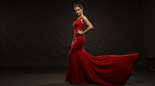 Elegant woman in a red gown posing in a studio. Full length fashion portrait with a flowing train and dark background