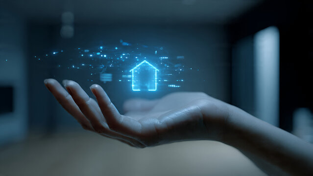 Hand Holding Glowing Hologram of Smart Home Icon in Futuristic Interior - Powered by Adobe