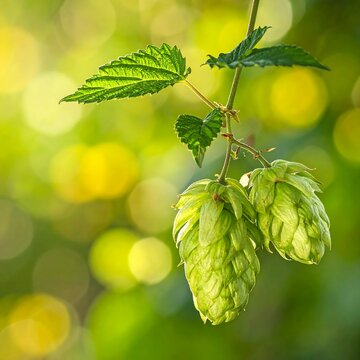 Close-up of Fresh Green Hops on Vine in Sunlight.
