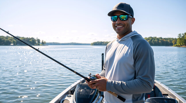 Portrait of a happy fisherman holding a rod on a boat. Smiling male angler wearing sunglasses fishing on a lake in summer. Outdoor recreation lifestyle