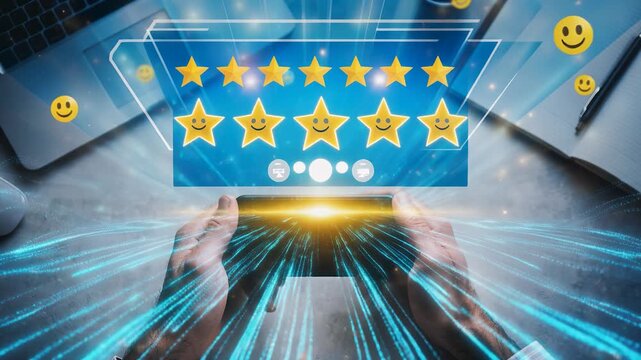 Hands holding a smartphone displaying five star rating and smiley icons, representing customer satisfaction, positive feedback, online reviews, service quality, and digital business performance.