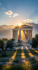 Obraz premium Ancient Greek Temple Bathed in Golden Sunset Light with Dramatic Sun Rays and Mountain Backdrop.