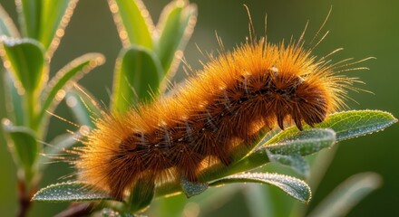Close-up of a fluffy caterpillar on a green leaf