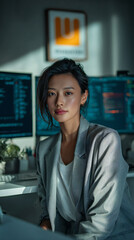 Fototapeta premium Asian female software engineer at modern desk working on telemedicine dashboard, dual monitors, dramatic teal‑orange lighting