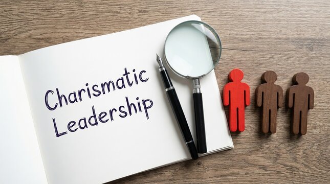 Words 'Charismatic Leadership' written on notebook, with figurines