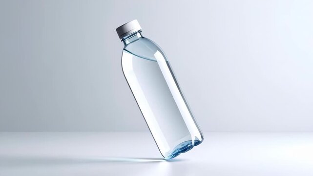 Clear plastic bottle filled with fresh, clean water tilted on a white surface with a shadow