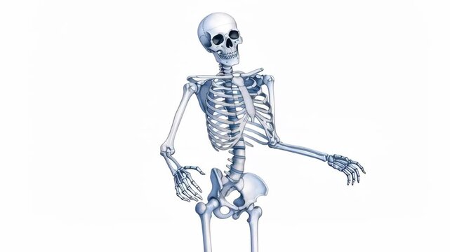 Anatomical human skeleton model with detailed bone structure against white background