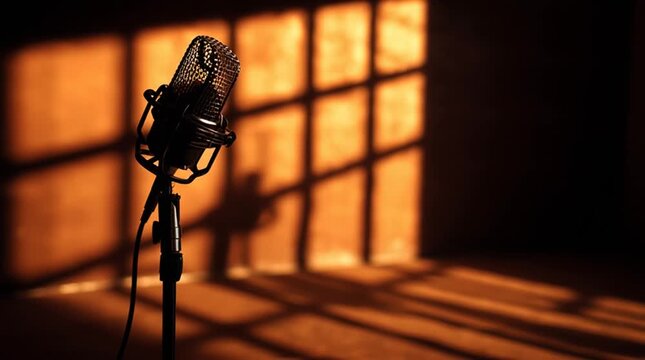 Microphone casting a long distorted shadow shaped like prison bars, creating a powerful visual metaphor of censorship, restricted speech, and media control in a minimalist, high-contrast setting.
