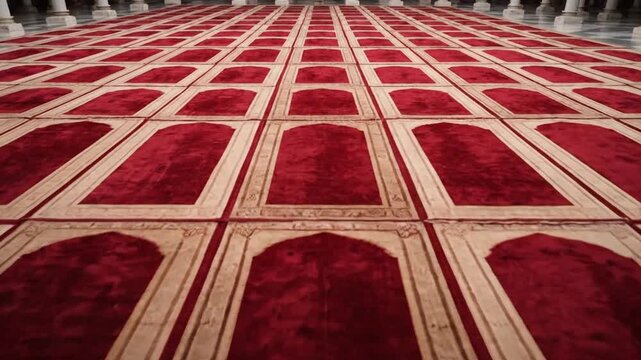 A low-angle camera glides slowly over the deep red, ornate carpet of a grand mosque hall. The repeating rows of prayer rugs create dramatic, endless perspective towards the distant columns.