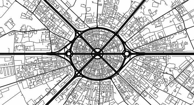 Abstract City Map with Circular Road Network and Radial Streets