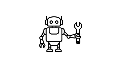 Fototapeta premium Simple line drawing of a friendly robot character holding large wrench tool illustrating maintenance service or technical support concept