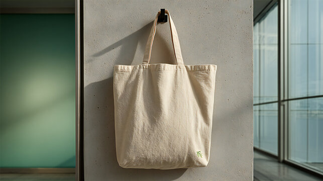 Beige organic‑cotton tote bag suspended on matte‑black hook, minimalist studio setting, soft natural lighting, 8K product mockup
