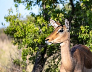 Obraz premium A side-profile shot of an antelope, mostly brown and tan. Sunlight highlights its features. Green foliage is behind it. Blue sky