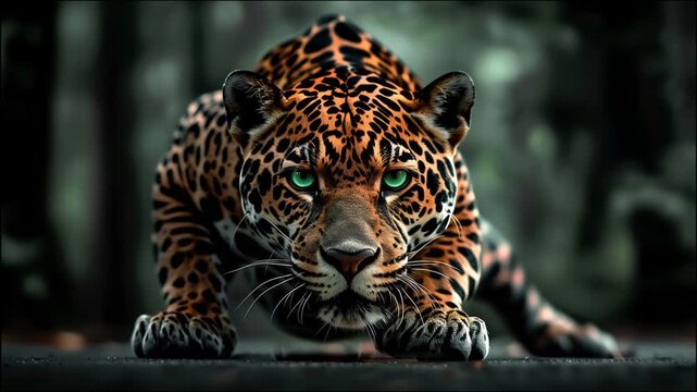 Majestic jaguar with emerald green eyes prowling through a dark jungle in extreme slow motion.