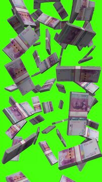 Vertical Cape Verdean Escudo bills falling on chromakey, CVE cash rain