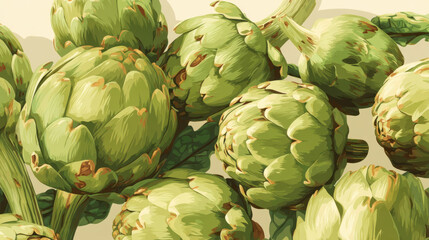 Close-up illustration of fresh green artichokes with detailed leafy texture and warm lighting. A vibrant, close-up illustration showcasing a cluster of fresh green artichokes.