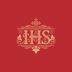 IHS Christogram with Ornate Cross and Floral Details.