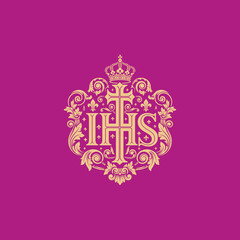 IHS Christogram with Crown and Ornate Scrollwork.