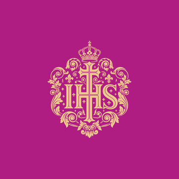 IHS Christogram with Crown and Ornate Scrollwork.
