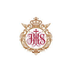 Ornate IHS Monogram with Crown and Cherubs Religious Symbol.