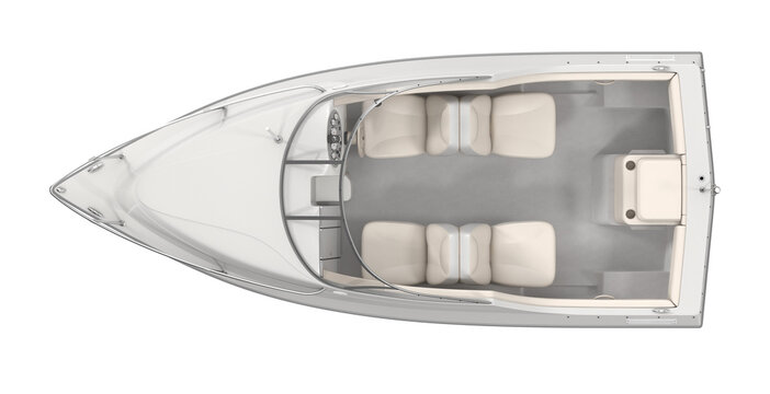 Top-down view of white bowrider boat interior showing helm, four bucket seats and rear bench