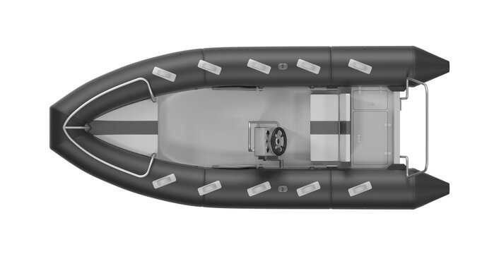 Top view of a modern inflatable RIB boat with center console, seating and transom for outboard