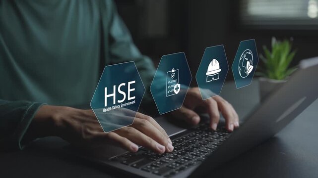 Digital HSE system with safety, health and environment icons on virtual interface. Business professional managing workplace safety, regulations and environmental standards online.