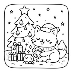 Fototapeta premium A cute, cartoon cat wearing a Santa hat sits beside a decorated Christmas tree, surrounded by gifts and festive decorations.