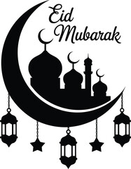 Eid Mubarak celebration with mosque silhouettes and lanterns