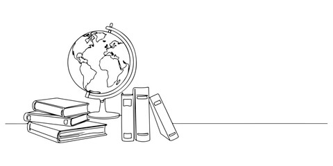 Fototapeta premium Continuous one line of a globe and books on a home desk, symbolizing world education in homeschooling, drawn vector illustration.