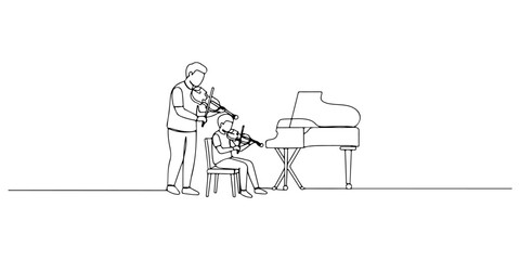 Continuous one line of a parent teaching music to a child at home, representing arts in homeschooling, drawn vector illustration.