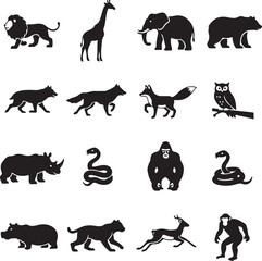 Fototapeta premium Black silhouette wild animals icon pack