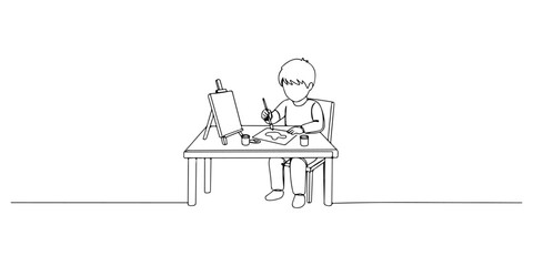 Continuous one line of a child painting at a home table, symbolizing creativity in homeschooling , drawn vector illustration.
