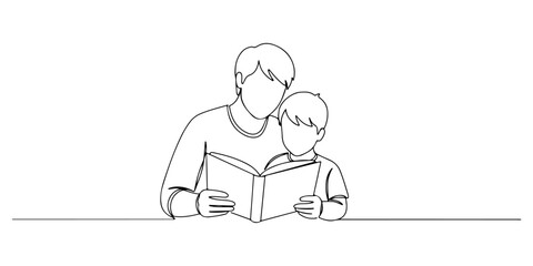 Continuous one line of a parent reading aloud to a child, representing literacy in homeschooling, drawn vector illustration. © Haus