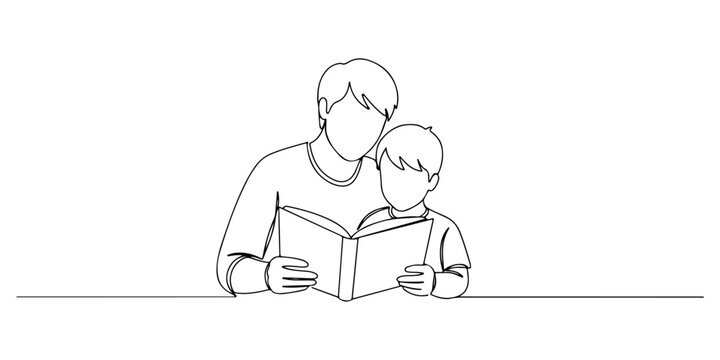 Continuous one line of a parent reading aloud to a child, representing literacy in homeschooling, drawn vector illustration.
