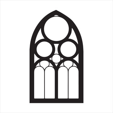 A stylized black and white silhouette of a gothic cathedral window with pointed arches and intricate tracery patterns