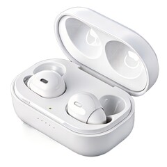 White wireless earbuds in charging case, lid open, clean aesthetic, studio lighting, isolated on white background