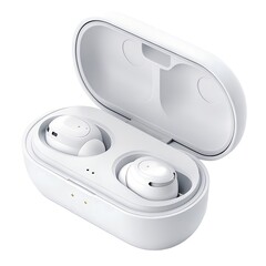 White wireless earbuds in charging case, lid open, clean aesthetic, studio lighting, isolated on white background