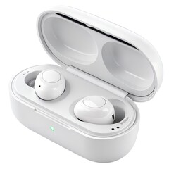 White wireless earbuds in charging case, lid open, clean aesthetic, studio lighting, isolated on white background