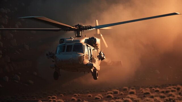 Military helicopter emerging through thick battlefield smoke, rotors blurred in motion. A bright searchlight cuts through haze while the ground remains barely visible below.
