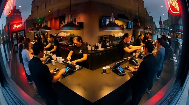 Customers making contactless payment at coffee shop counter using smartphones and cards, while baristas serve drinks in a modern cafe with warm lighting and busy street view through the window.
