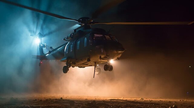 Military helicopter emerging through thick battlefield smoke, rotors blurred in motion. A bright searchlight cuts through haze while the ground remains barely visible below.
