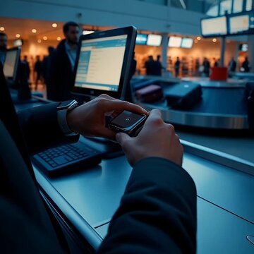 Customer paying contactless at checkout counter using smartwatch in a modern airport terminal, with baggage claim and digital screens in the background.