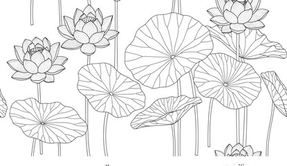 Obraz premium Hand drawn lotus flowers and lily pads line art vector illustration botanical floral nature background design