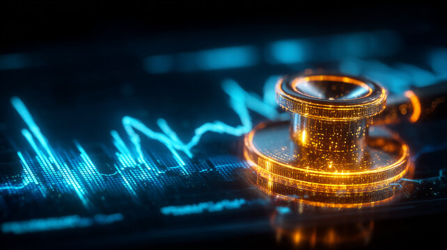 Digital golden gavel over financial data visualization representing regulatory oversight market governance and economic compliance monitoring.
