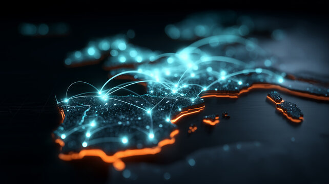 Connected world map with data arcs representing international communications, global business networks and digital infrastructure.
