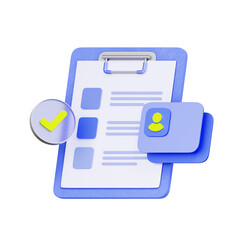 3D icon of a clipboard with check mark and user card for verified service, identity verification, background check, and compliance management. © Charcoal3d