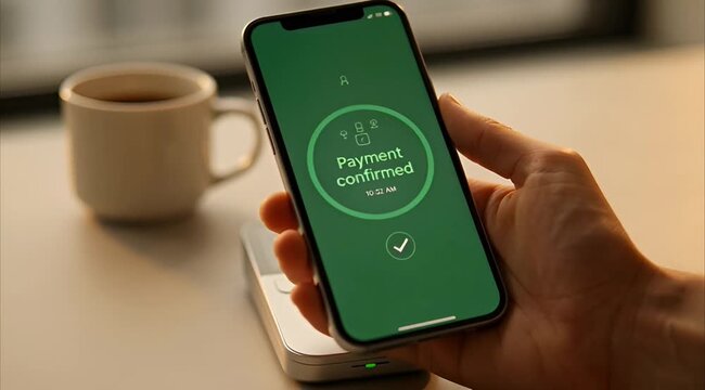 Hand holding smartphone above payment reader to complete a contactless transaction, screen displays 'Tap to pay' and 'Payment confirmed' with a green checkmark, modern digital wallet concept.